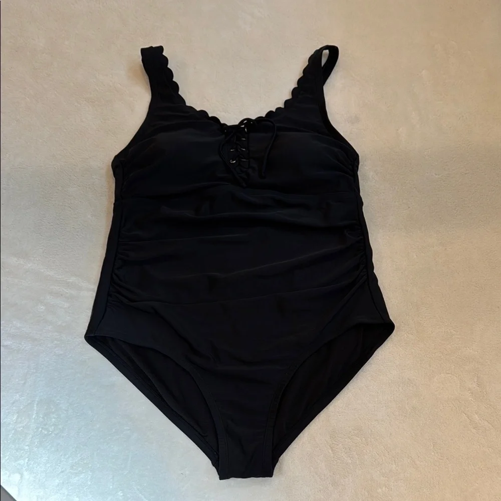 Kona Sol Lacefront Ruched Side Black One-piece Swimsuit Size 14W